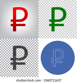 Ruble sign. Vector. 4 styles. Red gradient in radial lighted background, green flat and gray scribble icons on transparent and linear one in blue circle.