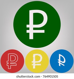 Ruble sign. Vector. 4 white styles of icon at 4 colored circles on light gray background.