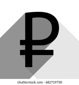 Ruble sign. Vector. Black icon with two flat gray shadows on white background.