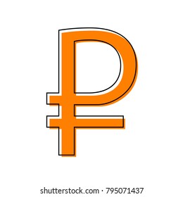 Ruble sign. Vector. Black line icon with shifted flat orange filled icon on white background. Isolated.