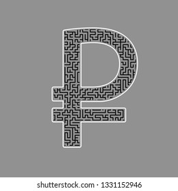 Ruble sign. Vector. Black maze filled icon with white border at gray background.