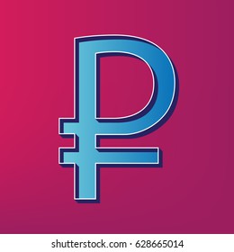 Ruble sign. Vector. Blue 3d printed icon on magenta background.