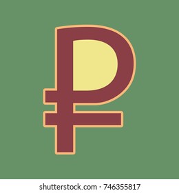 Ruble sign. Vector. Cordovan icon and mellow apricot halo with light khaki filled space at russian green background.