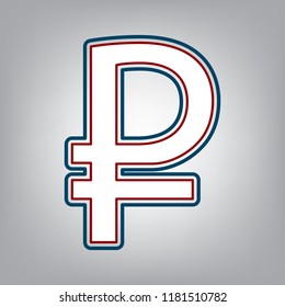 Ruble sign. Vector. Dark red, transparent and midnight green stroke of white icon at grayish background.