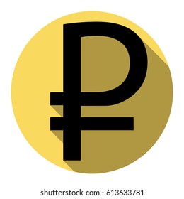 Ruble sign. Vector. Flat black icon with flat shadow on royal yellow circle with white background. Isolated.