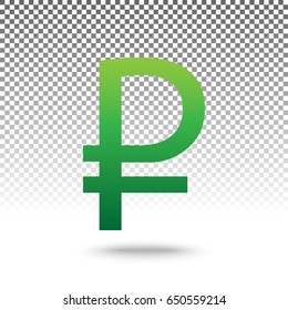 Ruble sign. Vector. Green gradient icon with shadow at bottom on transparent and white background.