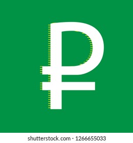 Ruble sign. Vector. White flat icon with yellow striped shadow at green background.