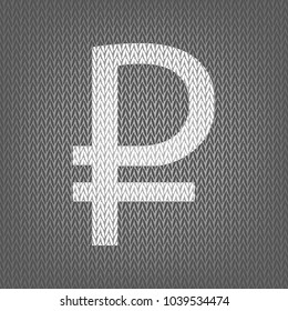 Ruble sign. Vector. White knitted icon on gray knitted background. Isolated.