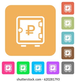 Ruble strong box flat icons on rounded square vivid color backgrounds.