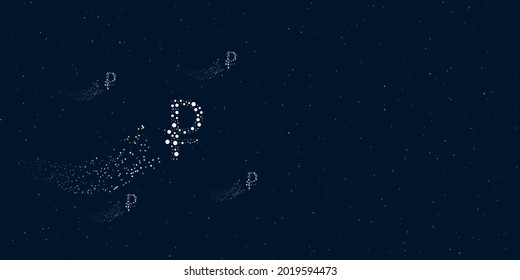 A ruble symbol filled with dots flies through the stars leaving a trail behind. Four small symbols around. Empty space for text on the right. Vector illustration on dark blue background with stars