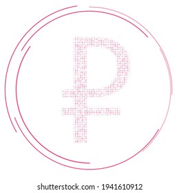 The ruble symbol filled with pink dots. Pointillism style. Vector illustration on white background