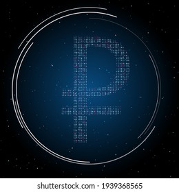 El símbolo del rublo está lleno de puntos blancos. Estilo de puntillismo. Algunos puntos son rosas. Ilustración vectorial sobre fondo azul con estrellas