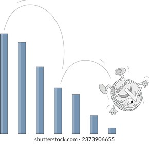 Ruble tumbling down the steps of its devaluation chart, vector cartoon illustration