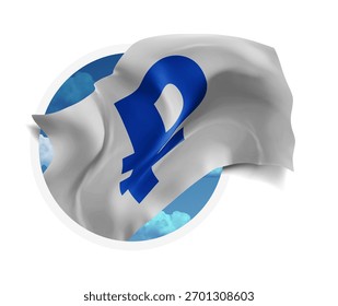 Rublo, bandera 3D del Vector contra un cielo azul, a través de un agujero redondo en un fondo blanco