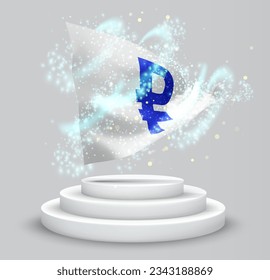 Ruble, vector 3d flag on the podium surrounded by a whirlwind of magical radiance