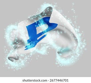 Ruble, vector 3d flag in whirlwind of magical radiance