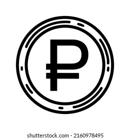 Ruble vector icon. Round metal Russian coin. Cash, currency symbol. Illustration isolated on white background. European money sketch. Bank payment sign. Black and white element