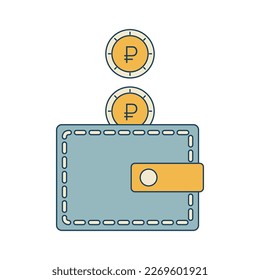 Rubles fall into the Wallet. Russian Coins are piling up in the Blue Wallet. Home finance, Salary, Savings. Finance, economics. Vector isolated illustration.