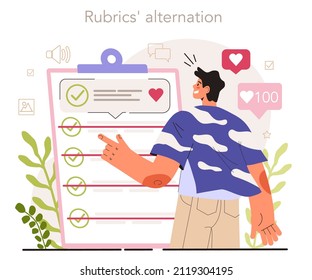 Rubrics' alternation. Social media content manager guidance. How create visual content. Digital promotion technology. Flat vector illustration