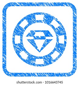 Ruby Casino Chip grainy textured icon inside rounded frame for overlay watermark imitations. Flat symbol with dust texture. Framed vector blue rubber seal stamp with grunge design of ruby casino chip.