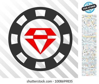 Ruby Casino Chip icon with 7 hundred bonus bitcoin mining and blockchain pictures. Vector illustration style is flat iconic symbols designed for cryptocurrency apps.
