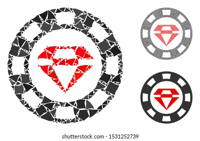 Ruby casino chip mosaic of abrupt pieces in variable sizes and color hues, based on ruby casino chip icon. Vector tremulant pieces are composed into mosaic.