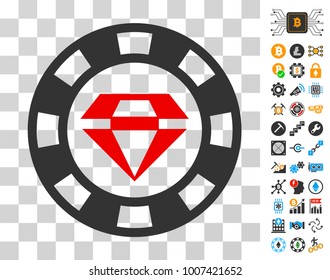Ruby Casino Chip pictograph with bonus bitcoin mining and blockchain images. Vector illustration style is flat iconic symbols. Designed for blockchain websites.