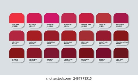 Ruby-Farbführungspalette mit Farbnamen. Katalog-Beispiele Ruby mit RGB-HEX-Codes und Namen. Holz Maroon Farben Palette Vektorgrafik, Metall und Kunststoff Ruby Farbpalette, Mode Trend Ruby Farbpalette