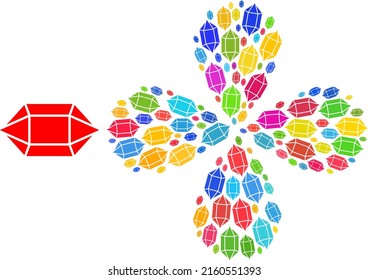 El icono de cristal de rubí brillante composición del clúster de flores giratorias. Flor de objeto con 4 pétalos compuestos de elementos de cristal de rubí aleatorios. Collage de iconos de flor vectorial en estilo plano.