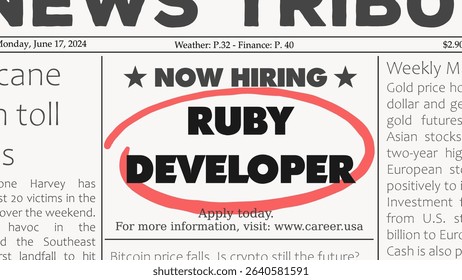 Ruby developer software development career. Recruitment offer - job ad. Newspaper classified ad career opportunity.