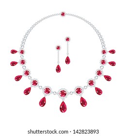 A ruby and diamond necklace and a matching pair of earrings