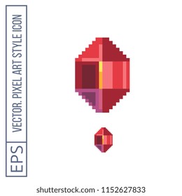 Ruby faceted precious stone pixel art icon. Isolated vector illustration. Game assets 8-bit sprite. Design stickers, logo, mobile app.