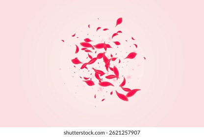 Ruby Flower Vector Pink Background. Flying Floral Backdrop. Coral Blossom Fly Poster. Scarlet Fall Peach Template.