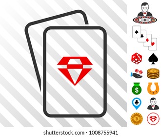 Ruby Gambling Cards pictograph with bonus gambling pictographs. Vector illustration style is flat iconic symbols. Designed for casino ui.