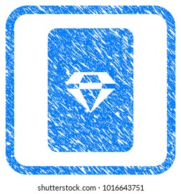 Ruby Gaming Card grainy textured icon inside rounded frame for overlay watermark stamps. Flat symbol with unclean texture. Framed vector blue rubber seal stamp with grunge design of ruby gaming card.