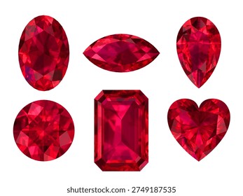 Ruby Gem Cuts Icon Set, Six ruby gemstones in oval, round, marquise, pear, heart, and emerald cuts high‑res, isolated, ideal for luxury designs.