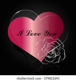 Ruby and glass hearts with silver flower on dark background. I love you lettering. Vector illustration.
