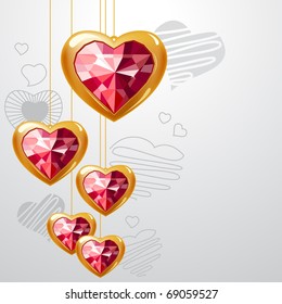 Corazones de oro rubí colgando de fondo gris claro