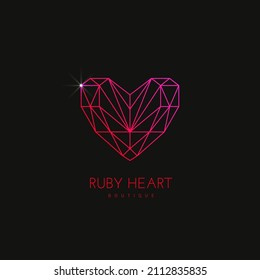 Ruby heart gemstone crystal emblem. Logo design template for jewelry business, fashion brand, boutique. Linear style. Vector illustration.