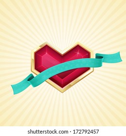 Ruby heart in gold with ribbon on a light background with rays