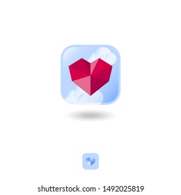 Ruby heart icon. Faceted red crystal like heart on a blue sky with clouds.
Health heart emblem.