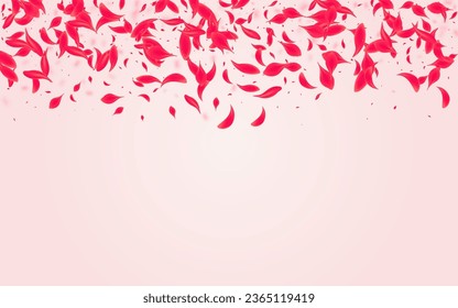 Ruby Lotus Vector Pink Background. Summer Petal Wallpaper. Coral Sakura Falling Texture. Scarlet Tender Flower Frame.