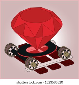 Ruby on rails full color isometric 3D art. Real jewel gem on wheel pairs on ties. Programming language framework for web backend server software development. RoR symbol logo of www internet graphic