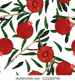 Ruby Pomegranate Vector Seamless Pattern. Sketch Garnet Textile Wallpaper. Tropica Drawing Fruit Background. Red Vintage Print.