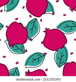 Ruby Pomegranate Vector Seamless Pattern. Watercolor Garnet Summer Print. Floral Sketch Fruit Texture. Red Vintage Background.