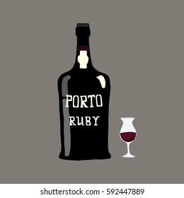 Ruby Port Wine Bottle Vector. Black Bottle With A Glass Vector. The Portuguese Dessert Wine