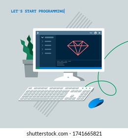 Ruby programmer's workplace with a monitor, keyboard and computer mouse in a flat style