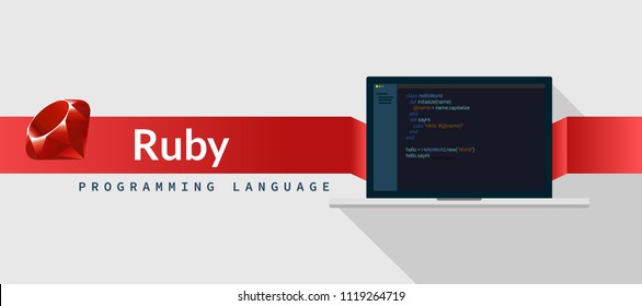 Ruby programming language with script code on laptop screen, programming language code illustration