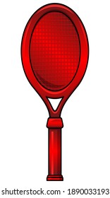 Ruby red colored tennis racket. Cartoon illustration. Trophy award for champion of tournament or competition. Sports inventory object. Achievement badge for players.