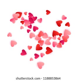 Ruby red flying hearts bright love passion vector background. Romantic symbols confetti. Fascinating flying red hearts scatter for Valentines Day decoration.